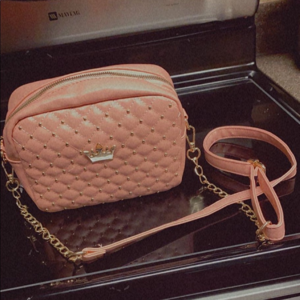 Blush Purse,, Pink with gold crown and dots